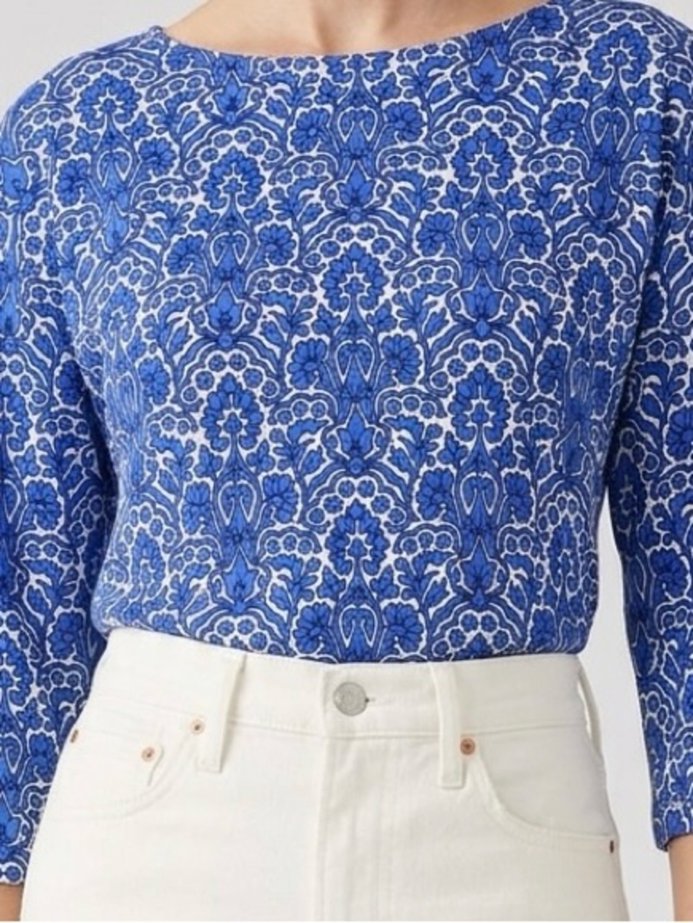 Talbots 100% Cotton XS Blue White Damask Top Coastal Nautical Office Casual